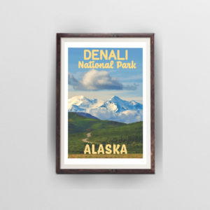 denali national park poster brown frame white background